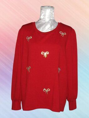 Mesh love size XL womens red sweater with rhinestone bows